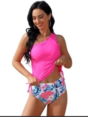 Bright Pink Tankini with Floral Bikini Bottoms